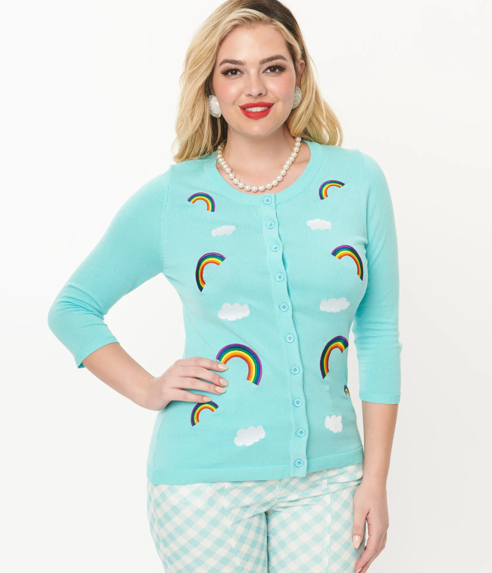 Unique Vintage Sky Blue & Rainbow Embroidered Bookworm Cardigan Cheap