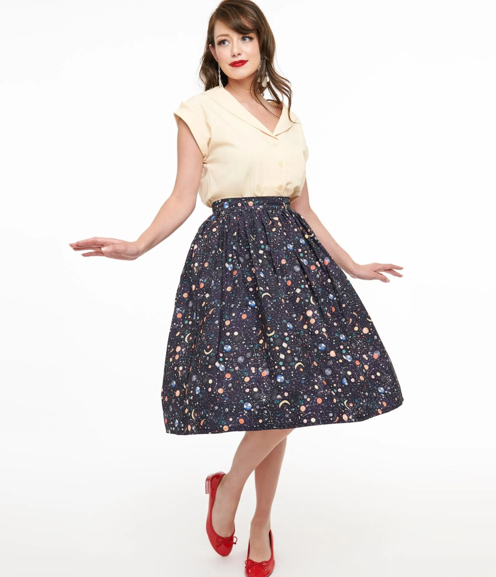 Unique Vintage Space Print Gellar Swing Skirt Discount