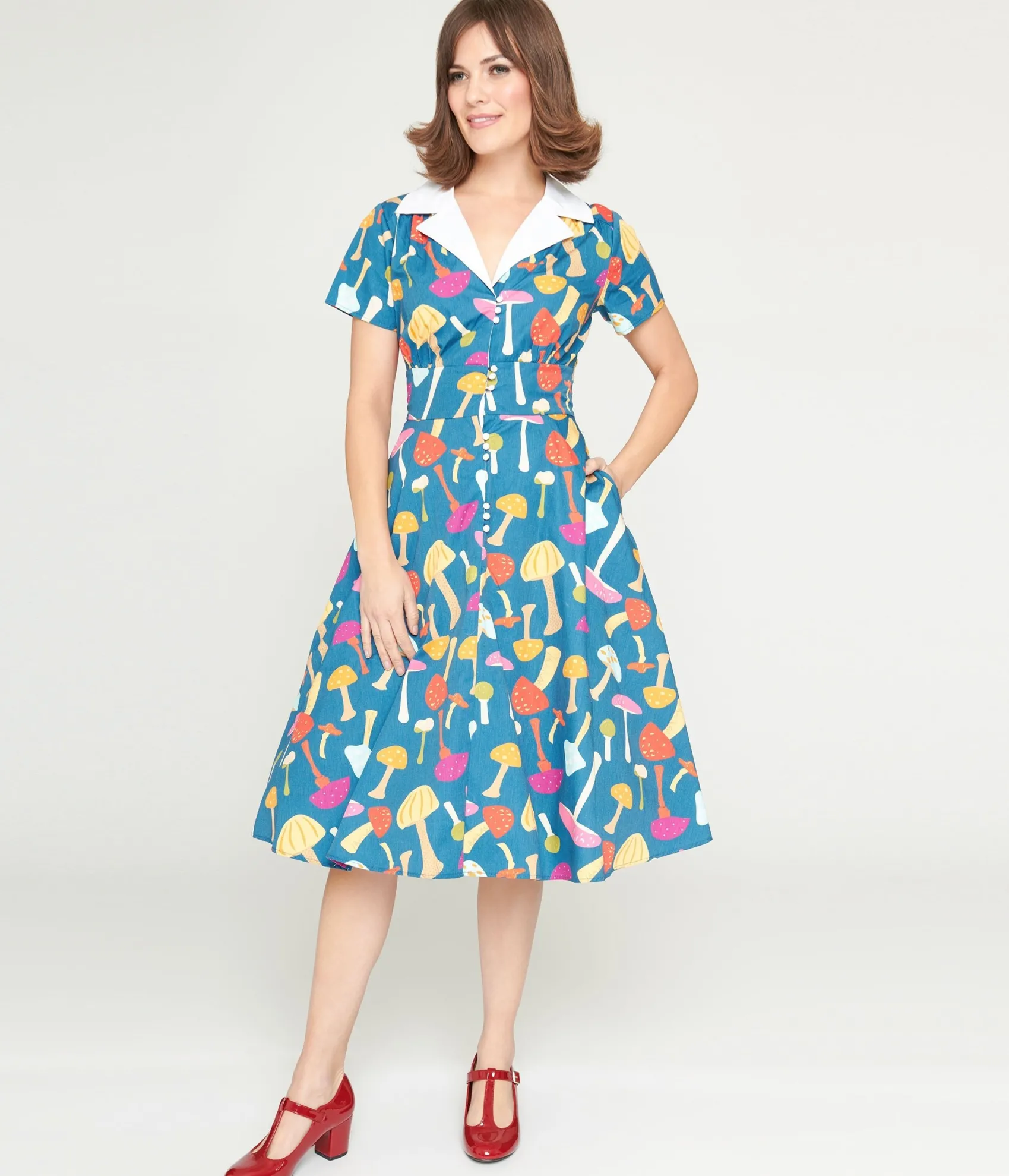 Unique Vintage Teal & Multicolor Mushroom Swing Dress Hot