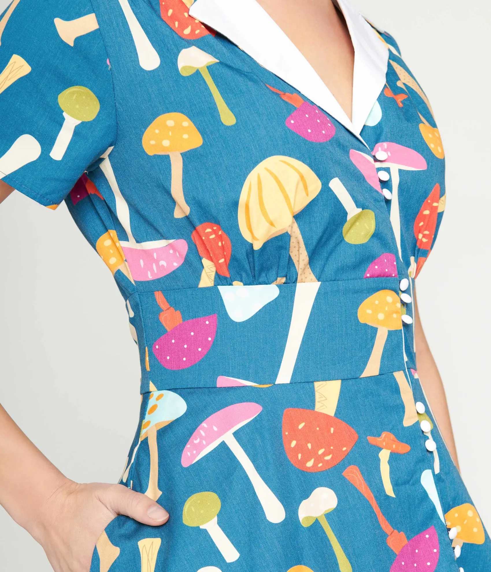 Unique Vintage Teal & Multicolor Mushroom Swing Dress Hot