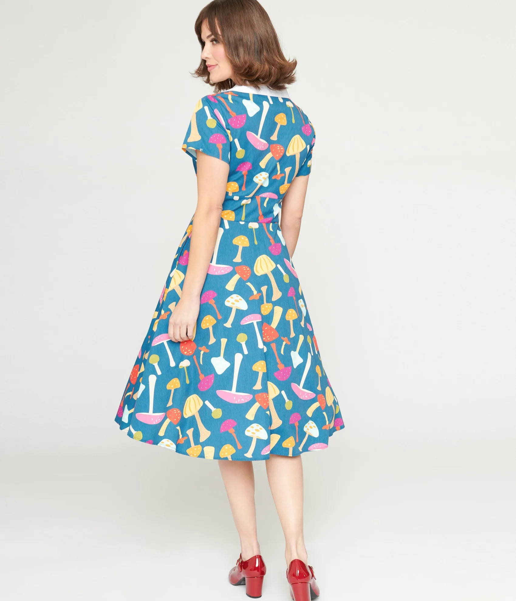 Unique Vintage Teal & Multicolor Mushroom Swing Dress Hot