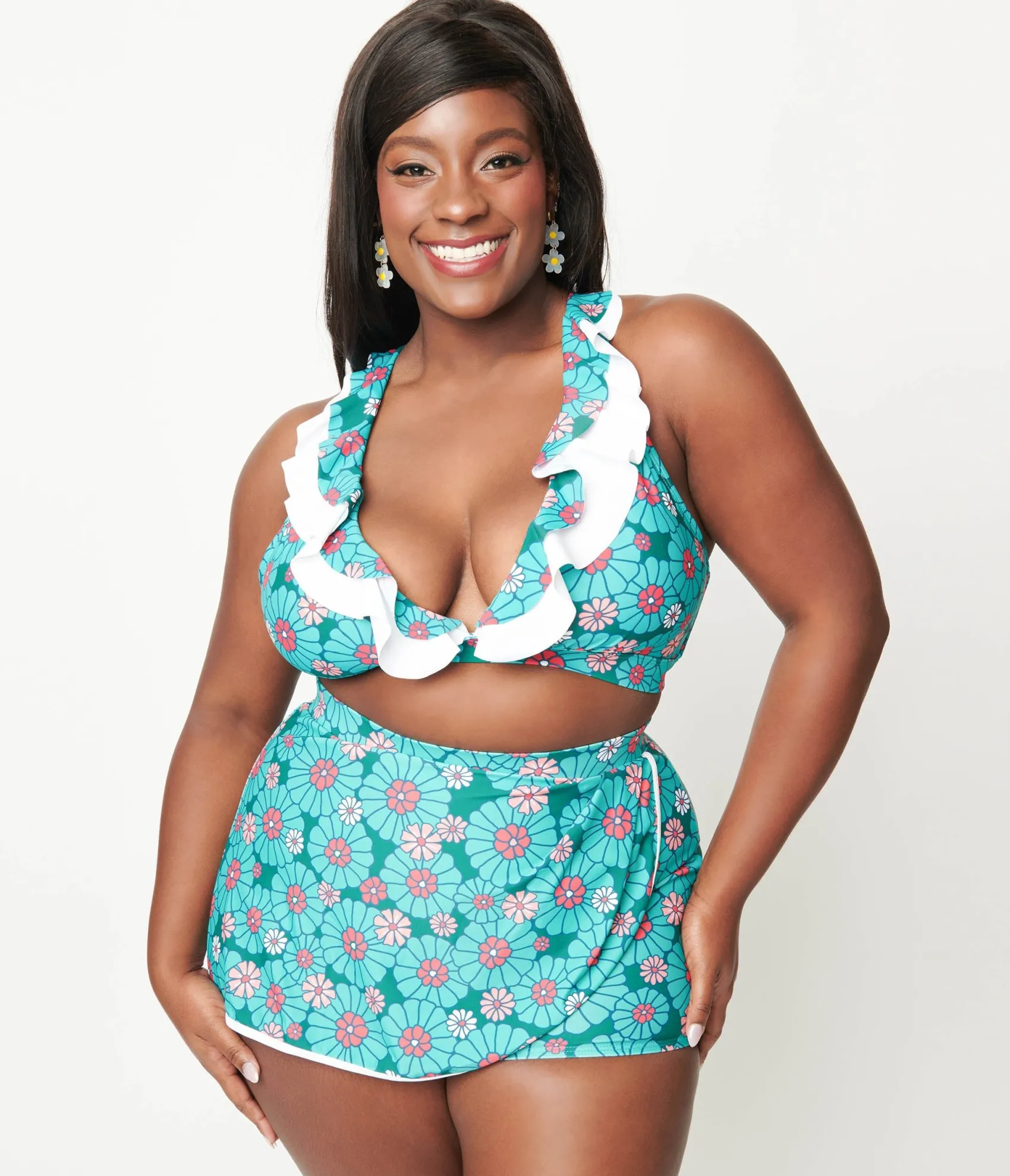 Unique Vintage Teal Flower Child High Waist Skort Swim Bottom Best