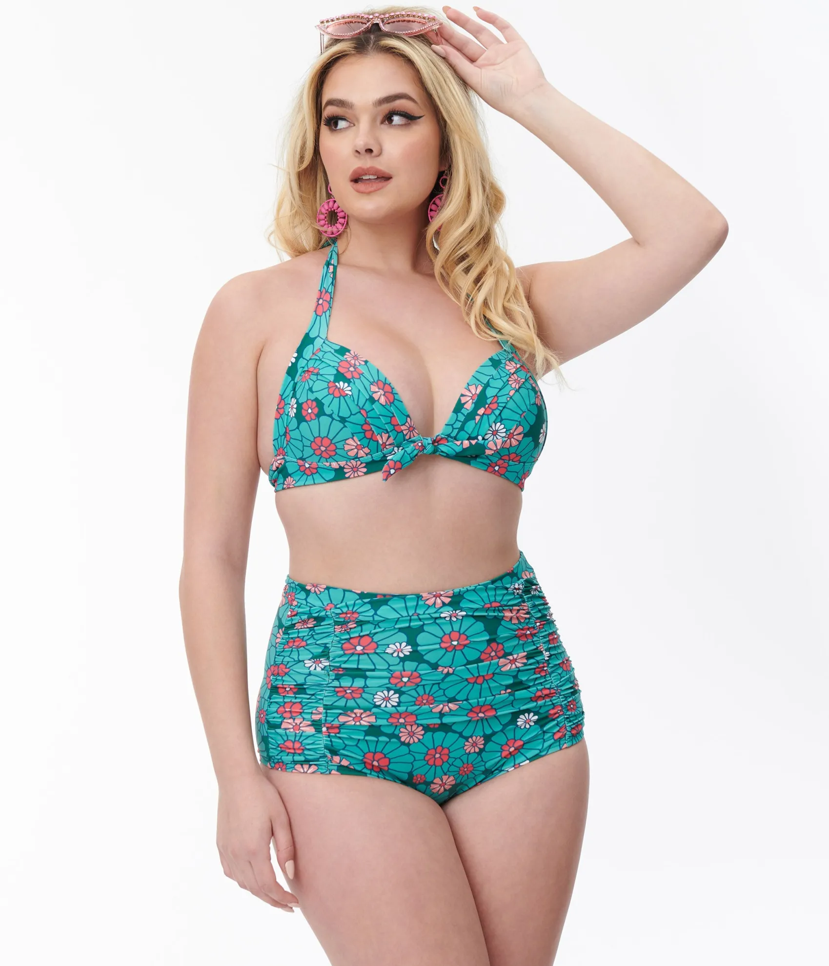Unique Vintage Teal Flower Child Monroe Halter Swim Top Online