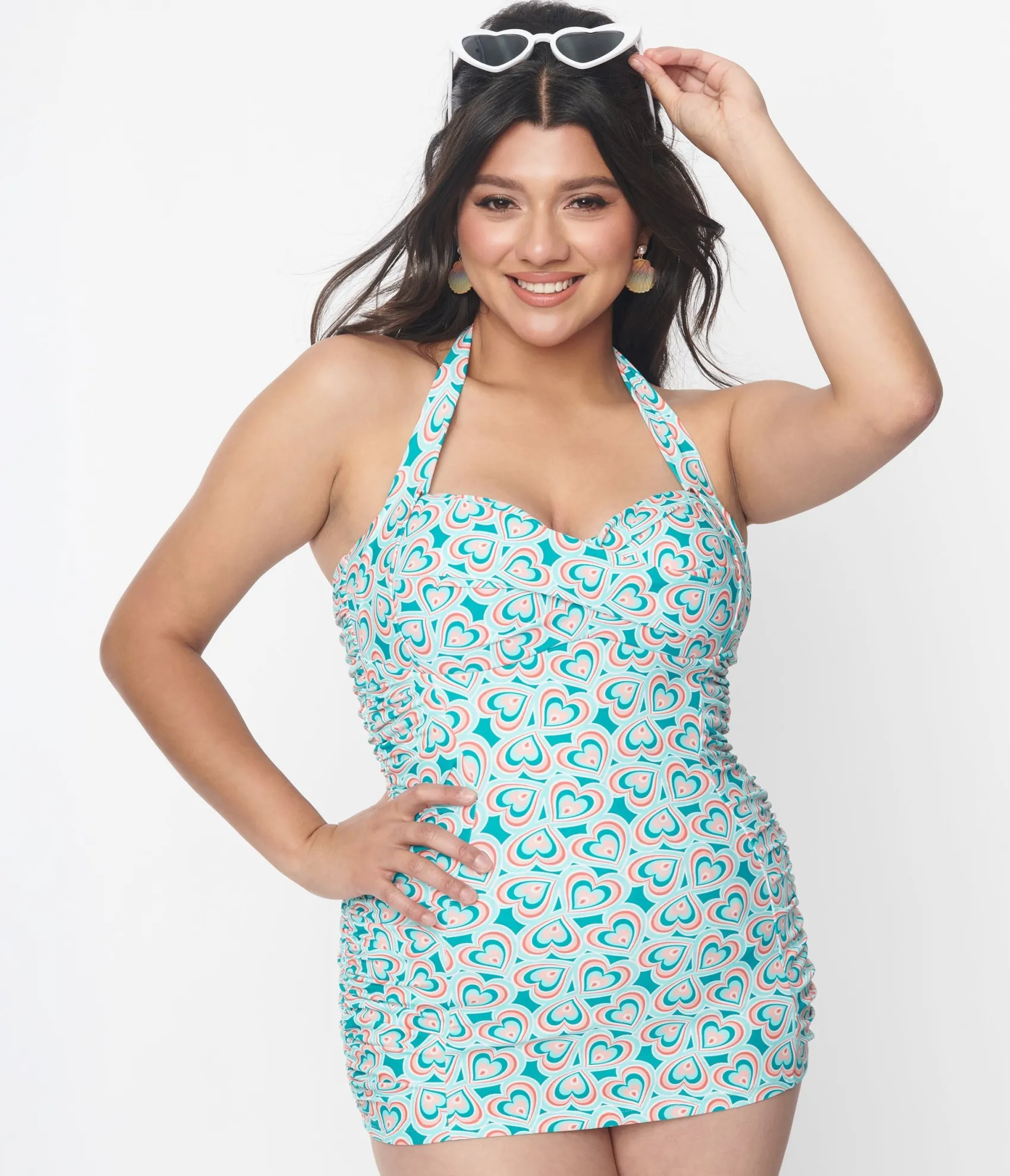 Unique Vintage Turquoise Retro Hearts Corinne Sheath Swimsuit New