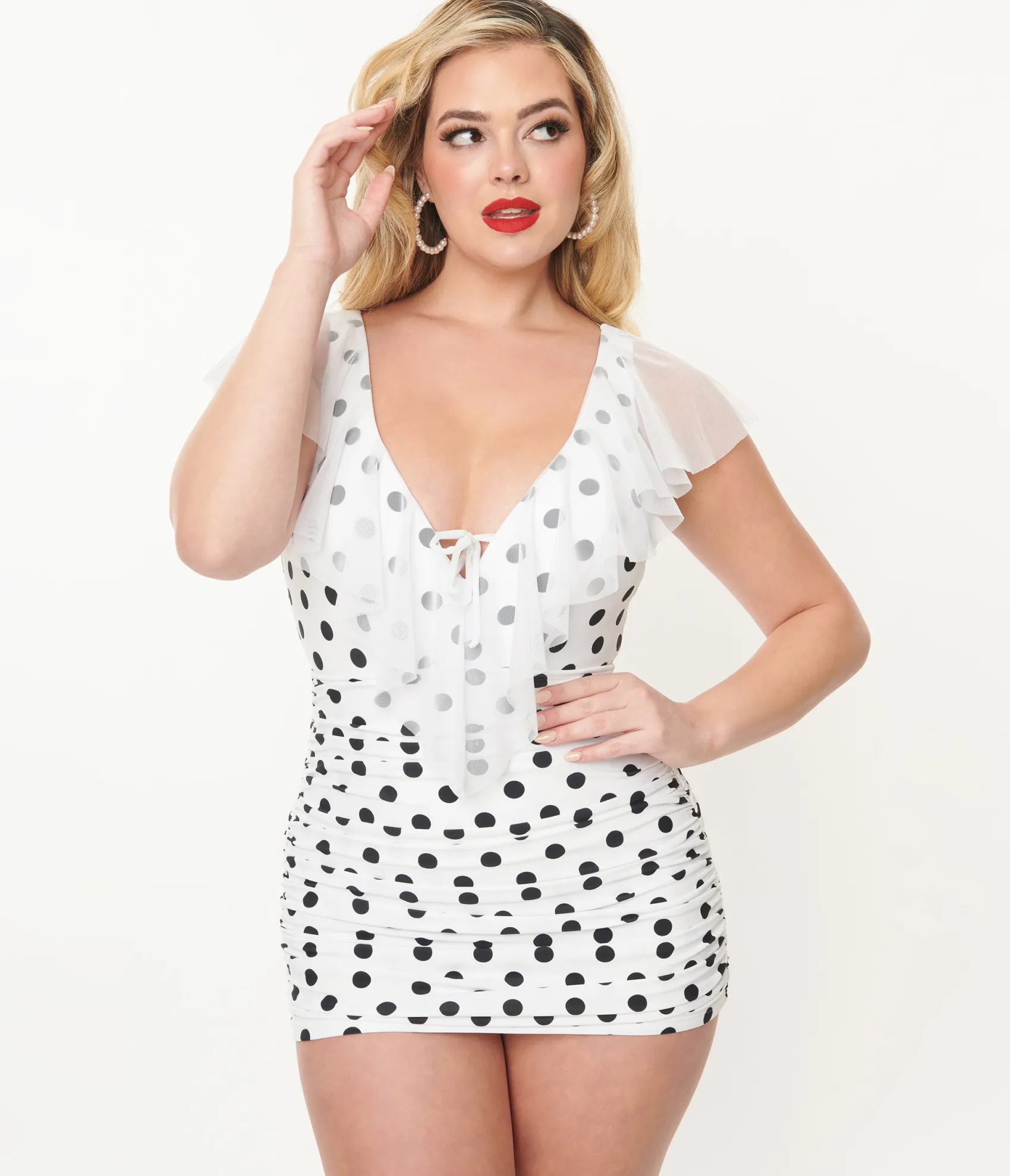 Unique Vintage White & Black Polka Dot Ruffle Sheath Swimsuit New