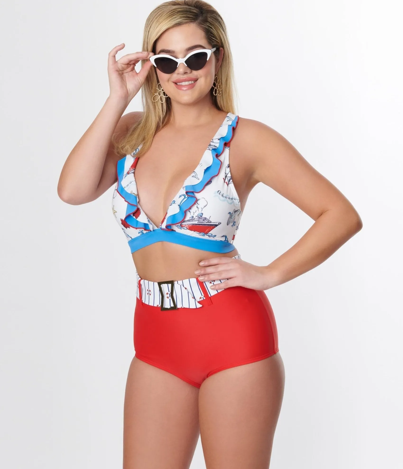 Unique Vintage White & Blue Nautical Print Ruffle Swim Top Hot