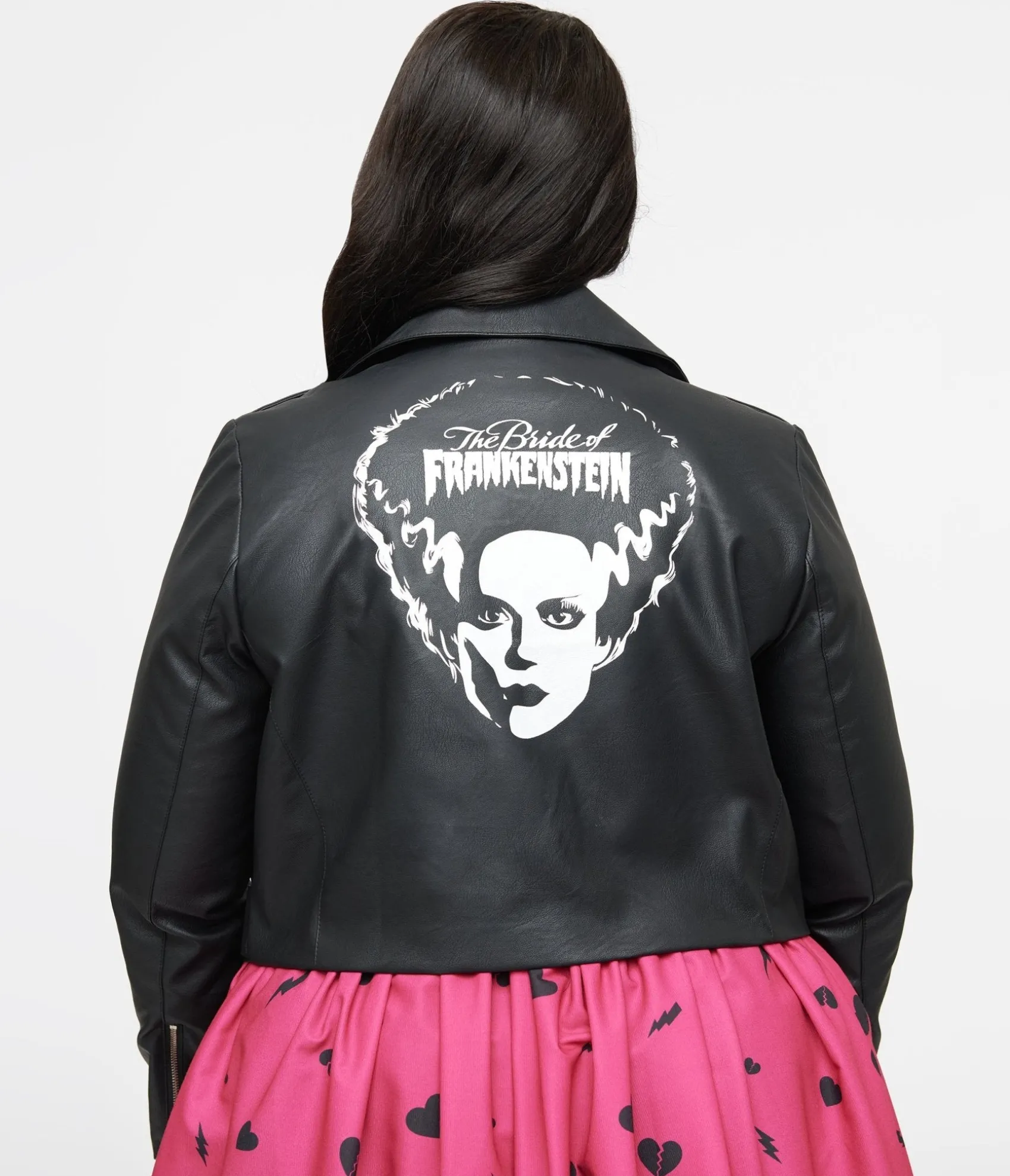 Unique Vintage Universal Monsters x Plus Size Black & White Bride of Frankenstein Leather Jacket Best