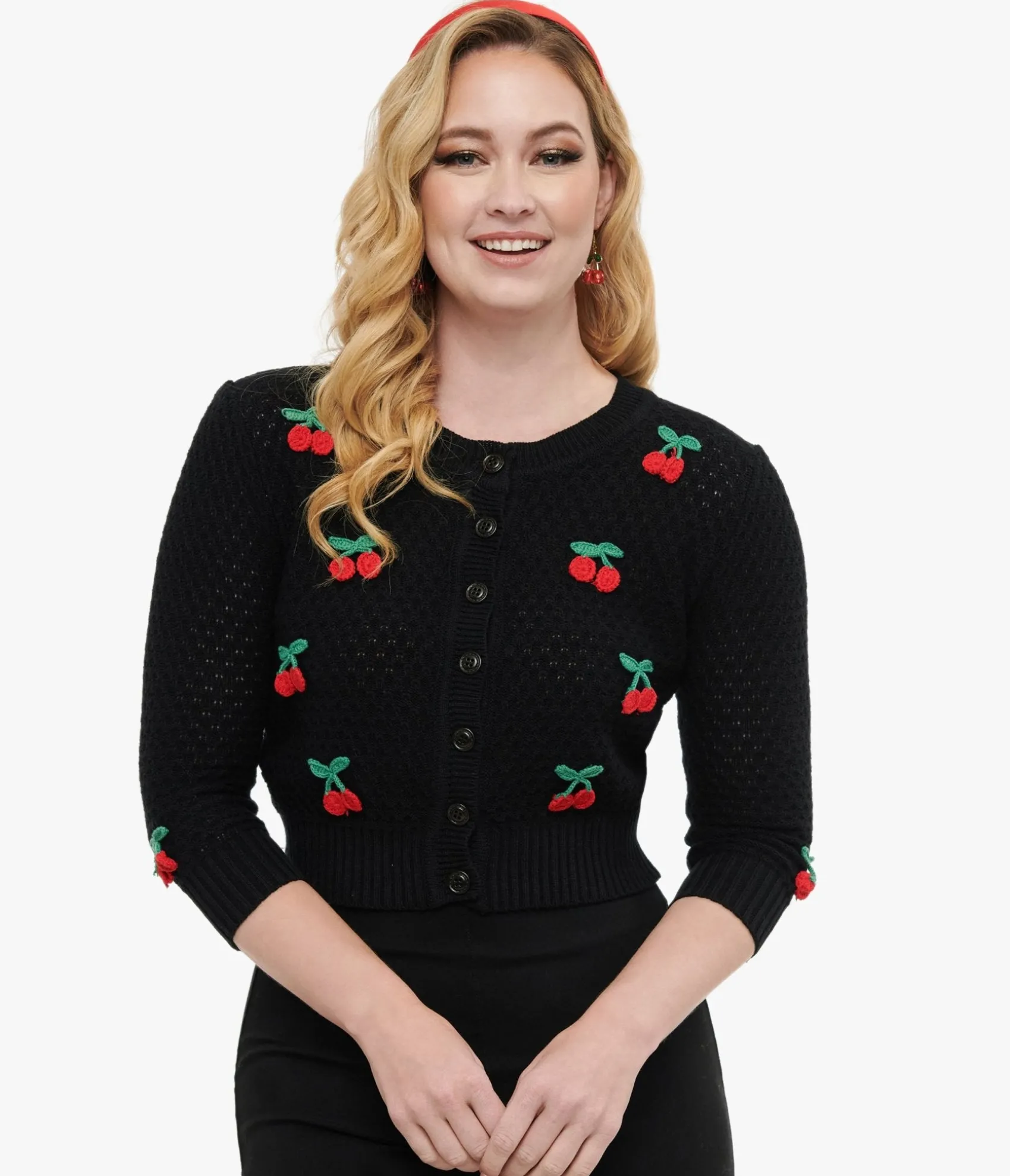 Unique Vintage Vintage Style Black & Red Cherry Three-Quarter Sleeve Knit Crop Cardigan Store