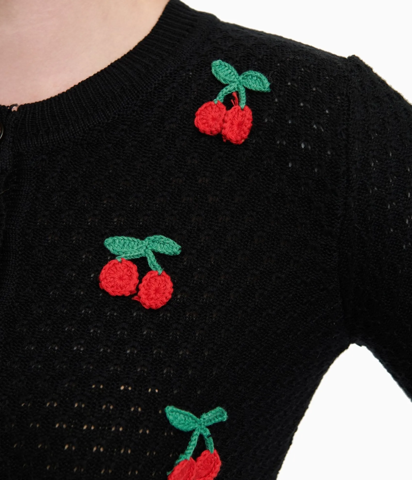 Unique Vintage Vintage Style Black & Red Cherry Three-Quarter Sleeve Knit Crop Cardigan Store