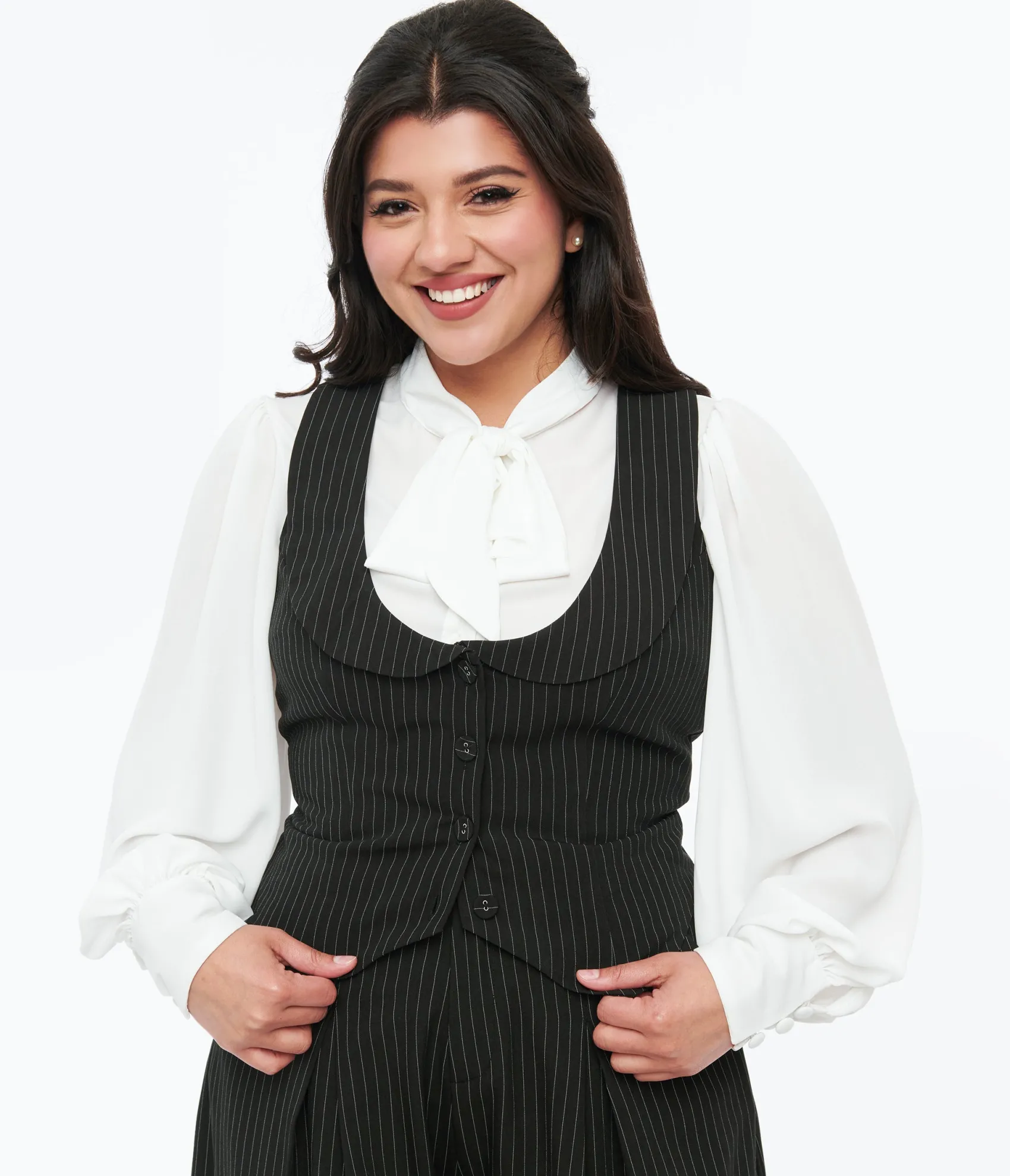 Unique Vintage Voodoo Vixen Black & White Pinstripe Button Up Vest Outlet