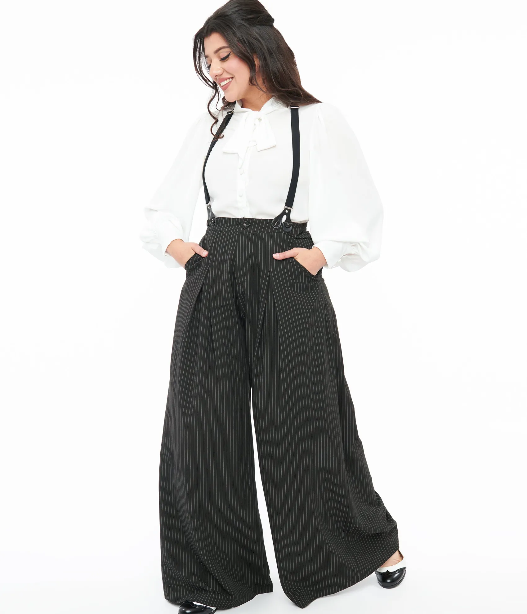 Unique Vintage Voodoo Vixen Black & White Pinstripe Suspender Trousers Best Sale