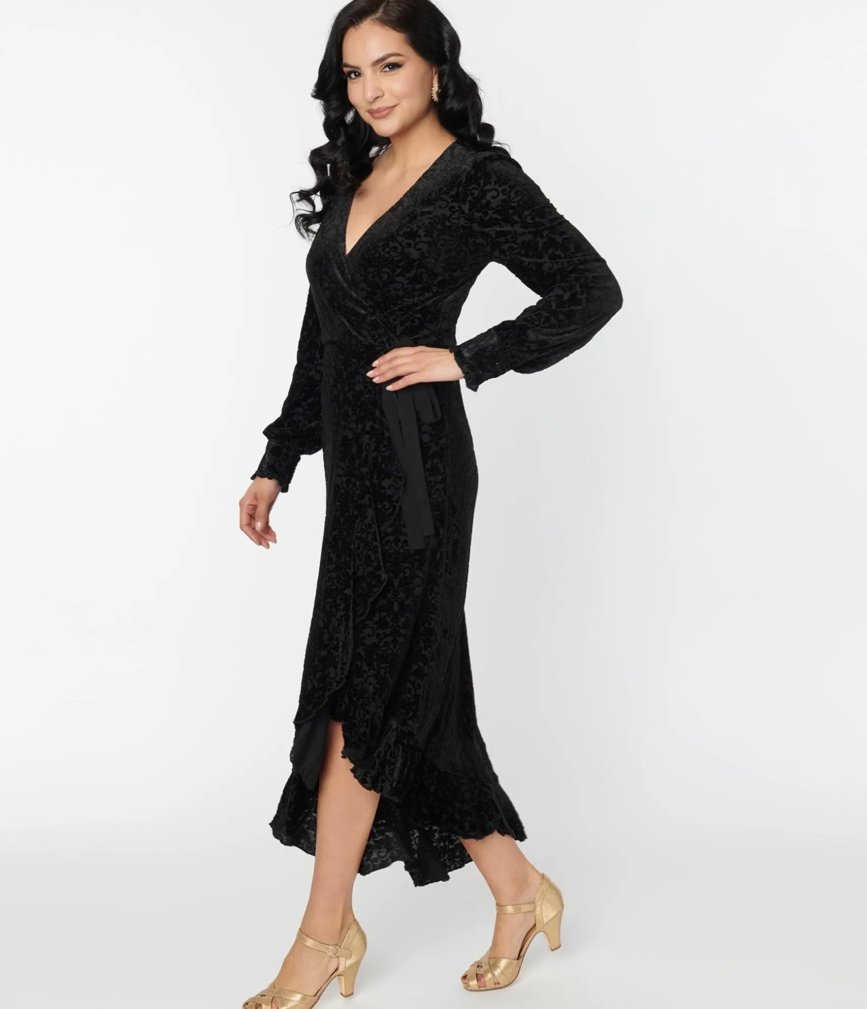 Unique Vintage Voodoo Vixen Black Devore Gayle Wrap Dress Best