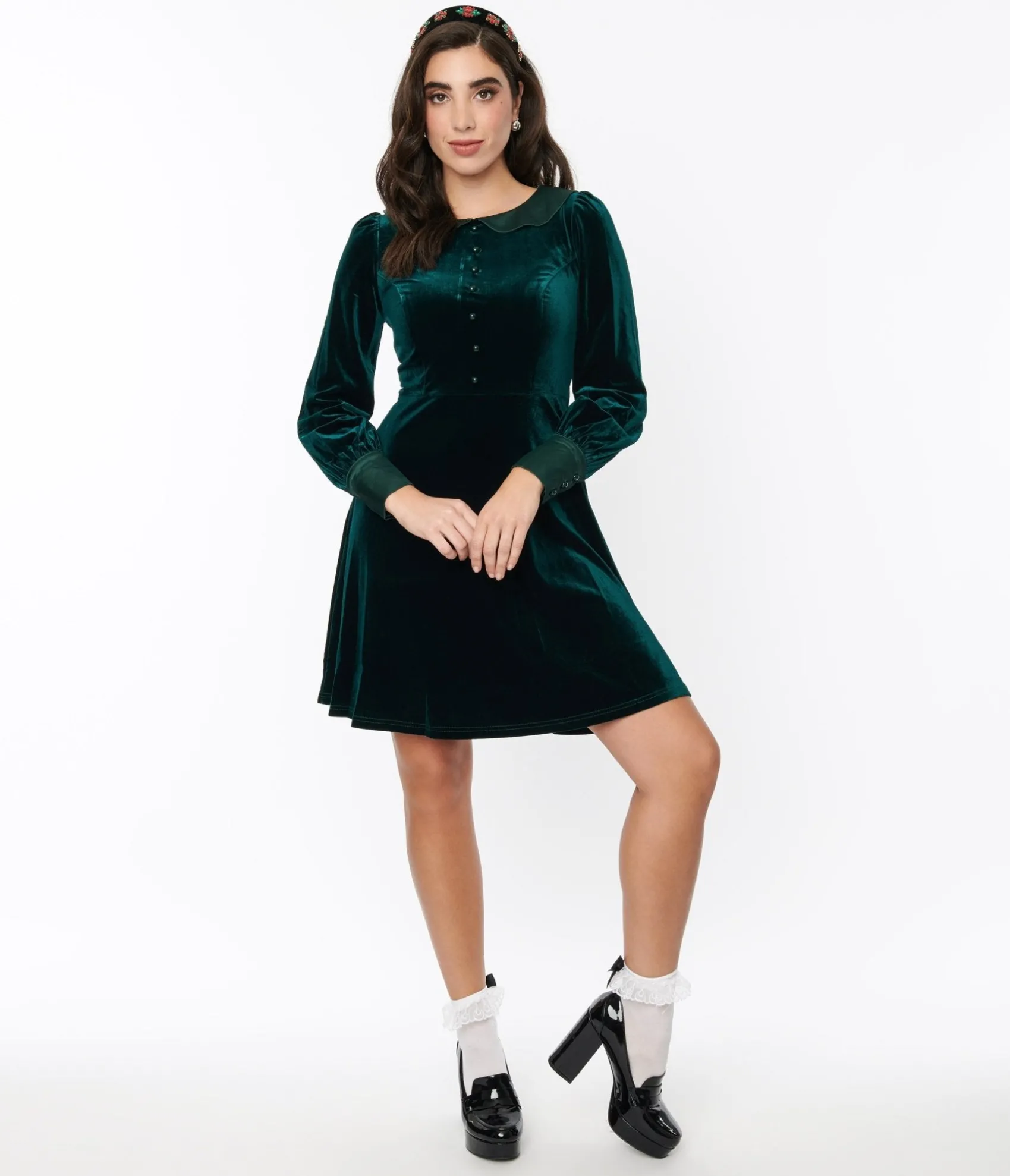 Unique Vintage Voodoo Vixen Emerald Green Velvet Satin Fit & Flare Dress Cheap