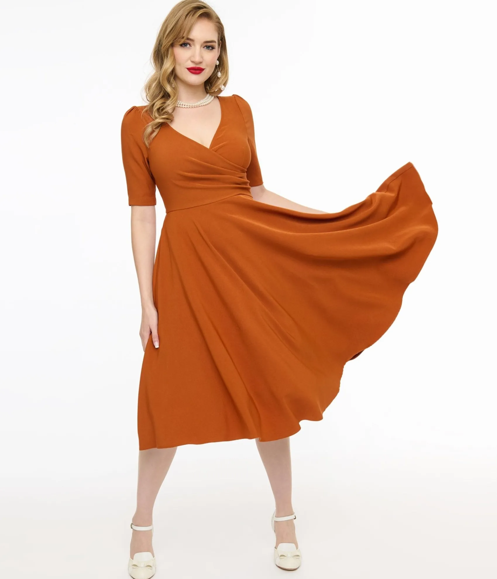 Unique Vintage Voodoo Vixen 1950s Orange Wrapover Swing Dress Discount