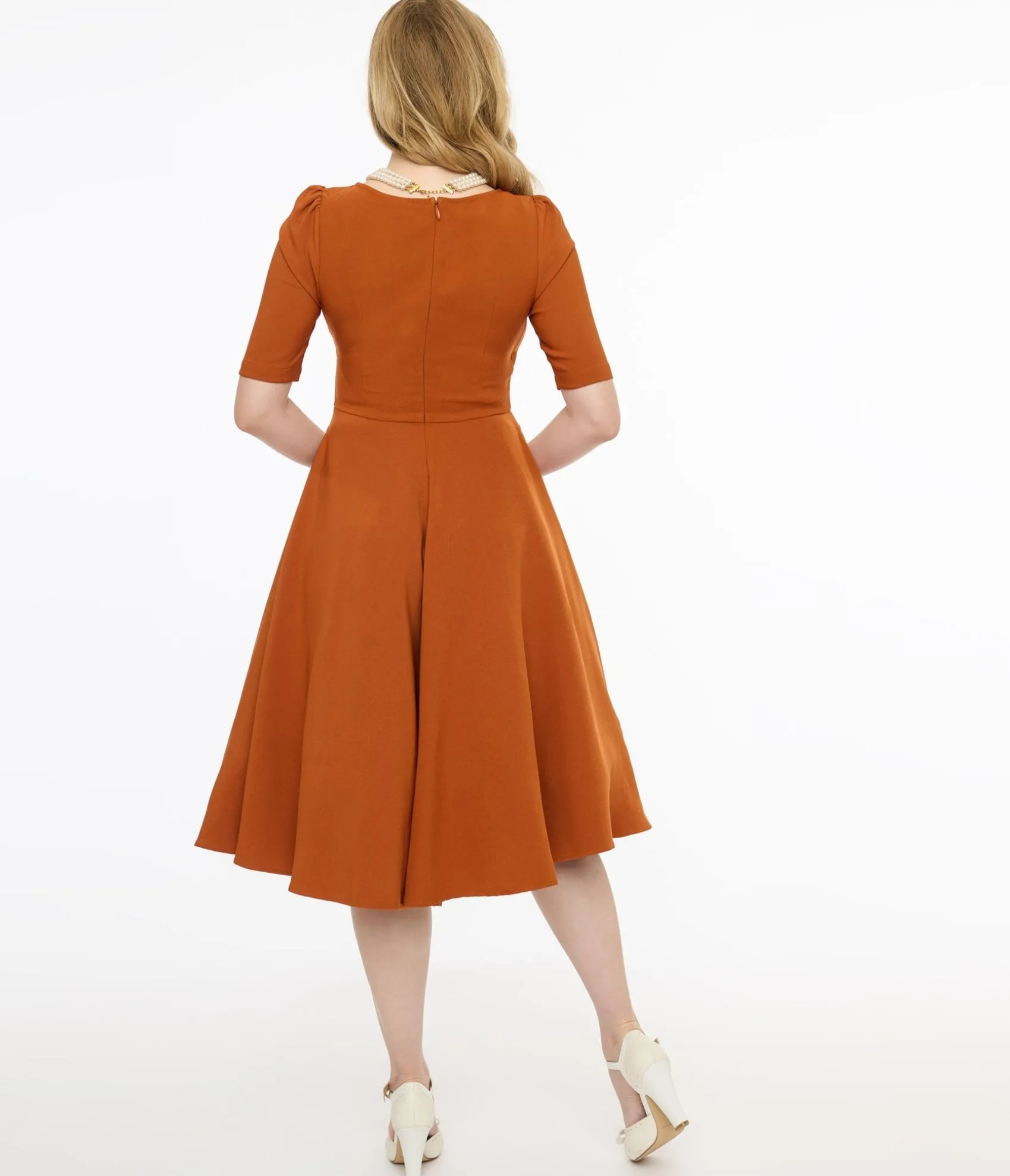 Unique Vintage Voodoo Vixen 1950s Orange Wrapover Swing Dress Discount