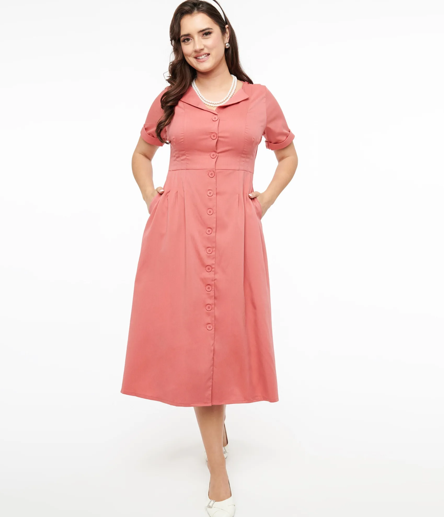 Unique Vintage Voodoo Vixen 1940s Pink Midi Shirt Dress Online