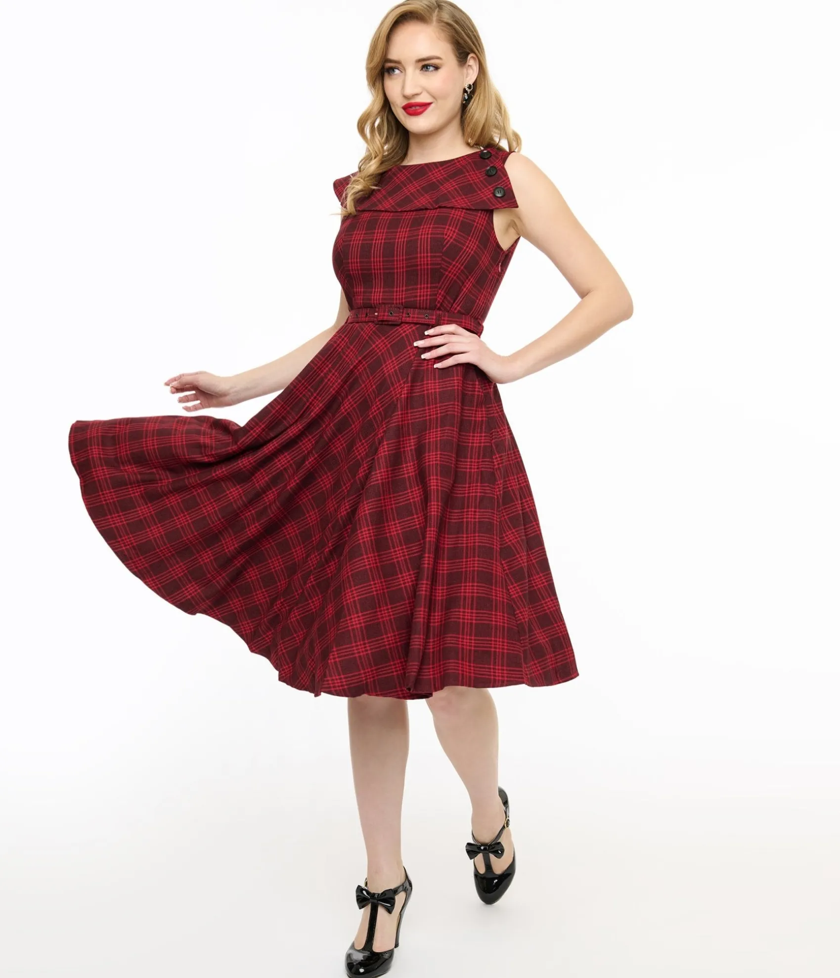 Unique Vintage Voodoo Vixen 1950s Red Check Fit & Flare Dress Outlet