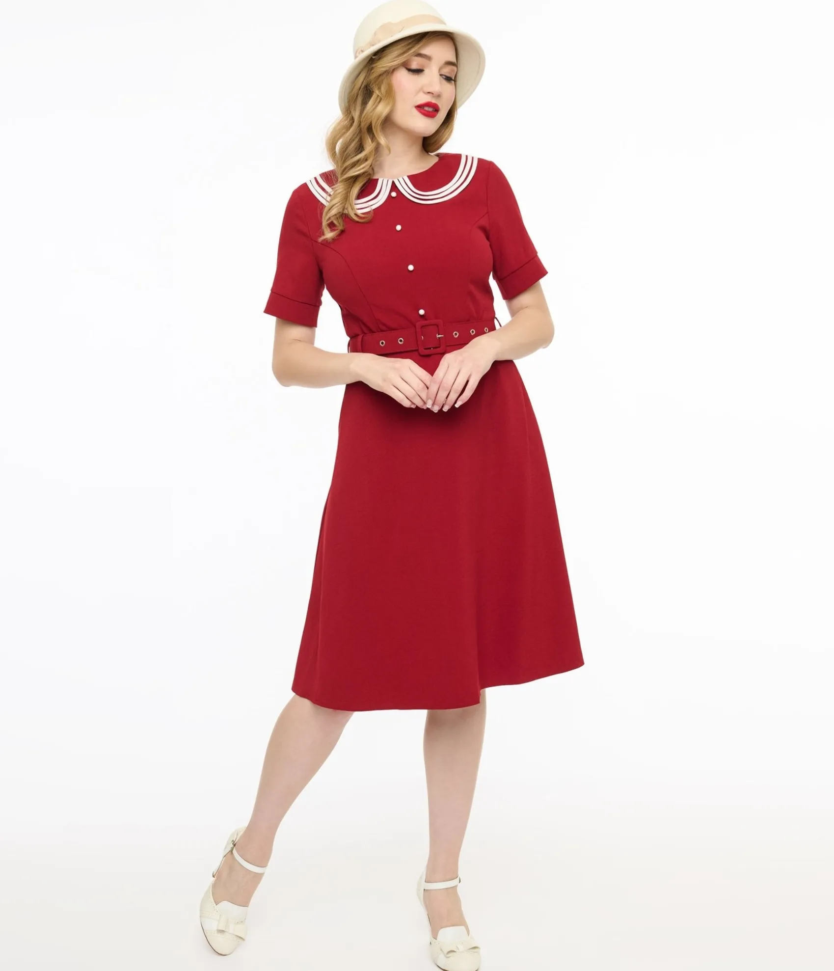 Unique Vintage Voodoo Vixen 1950s Red Layered Collar Fit & Flare Dress Cheap