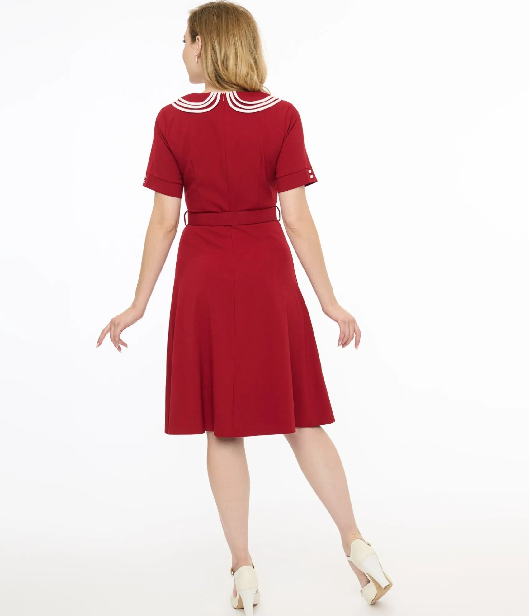 Unique Vintage Voodoo Vixen 1950s Red Layered Collar Fit & Flare Dress Cheap