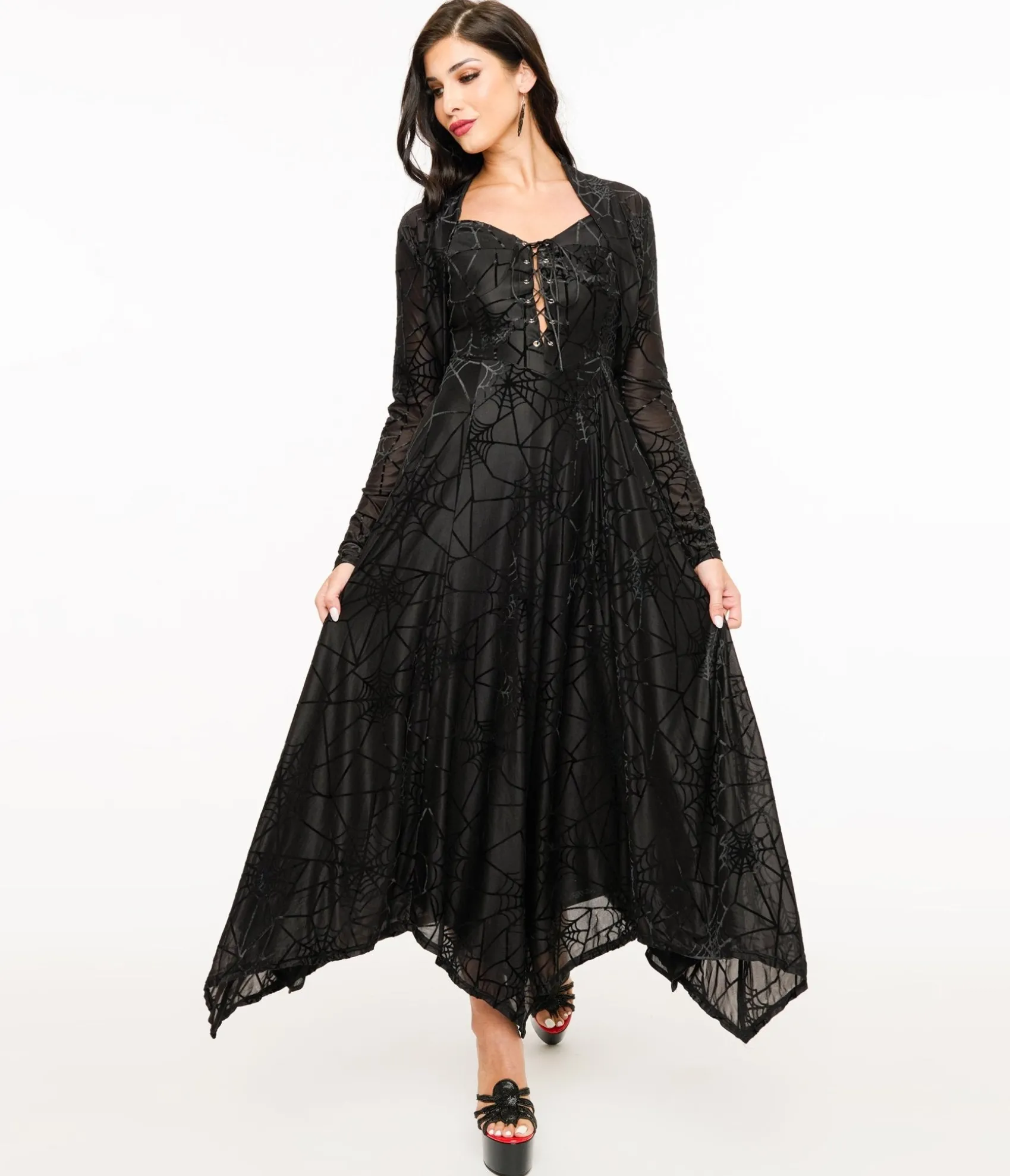 Unique Vintage Wax Poetic Black Spiderweb Willow Maxi Dress & Bolero Set Best