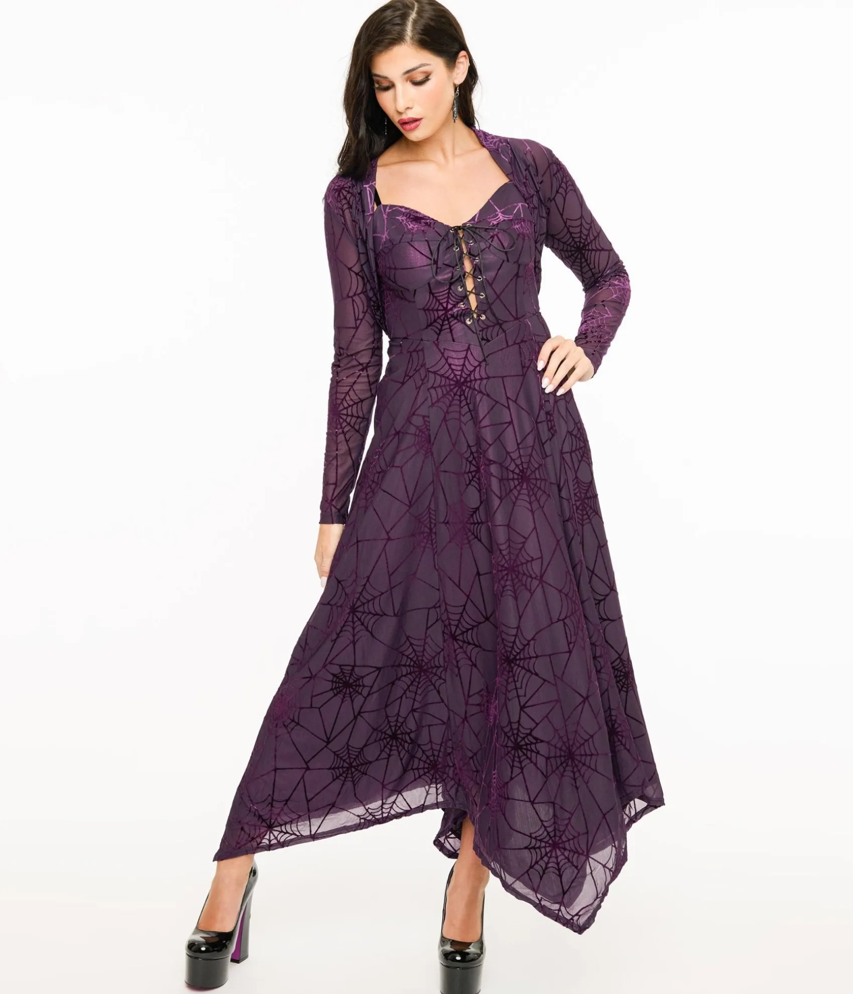 Unique Vintage Wax Poetic Purple & Black Spiderweb Willow Maxi Dress & Bolero Set Fashion