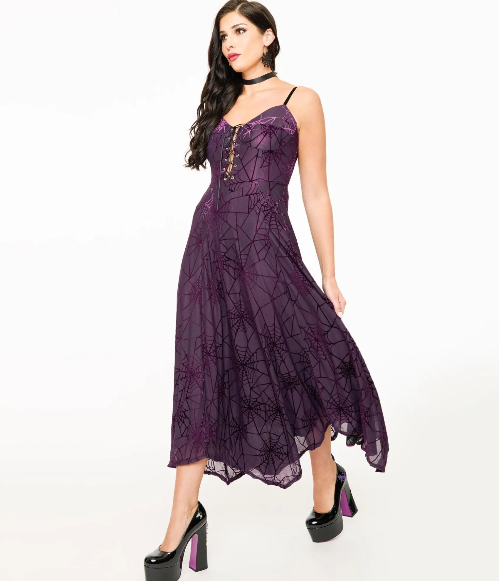 Unique Vintage Wax Poetic Purple & Black Spiderweb Willow Maxi Dress & Bolero Set Fashion