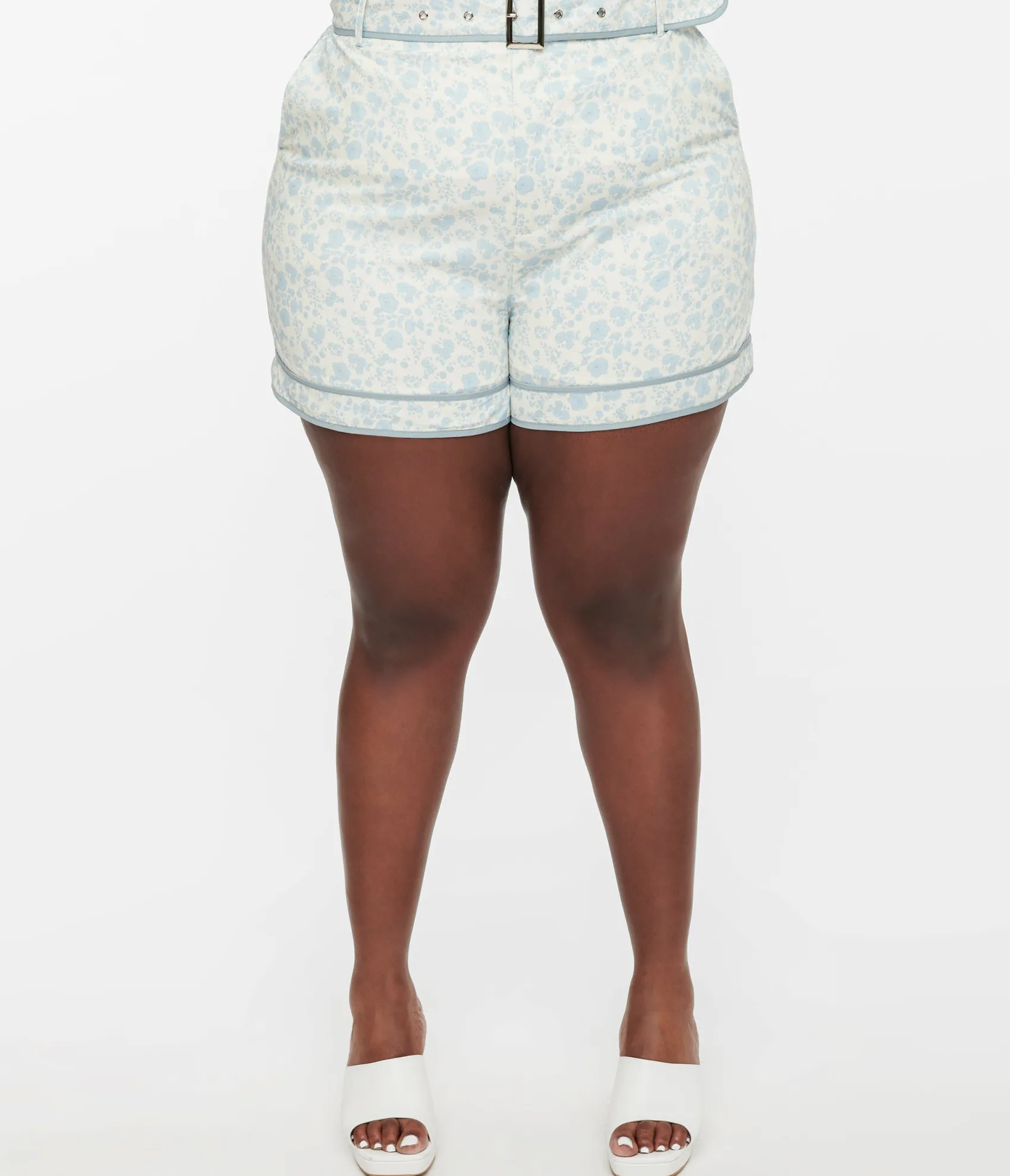 Unique Vintage White & Dusty Blue Floral Belted Shorts Fashion