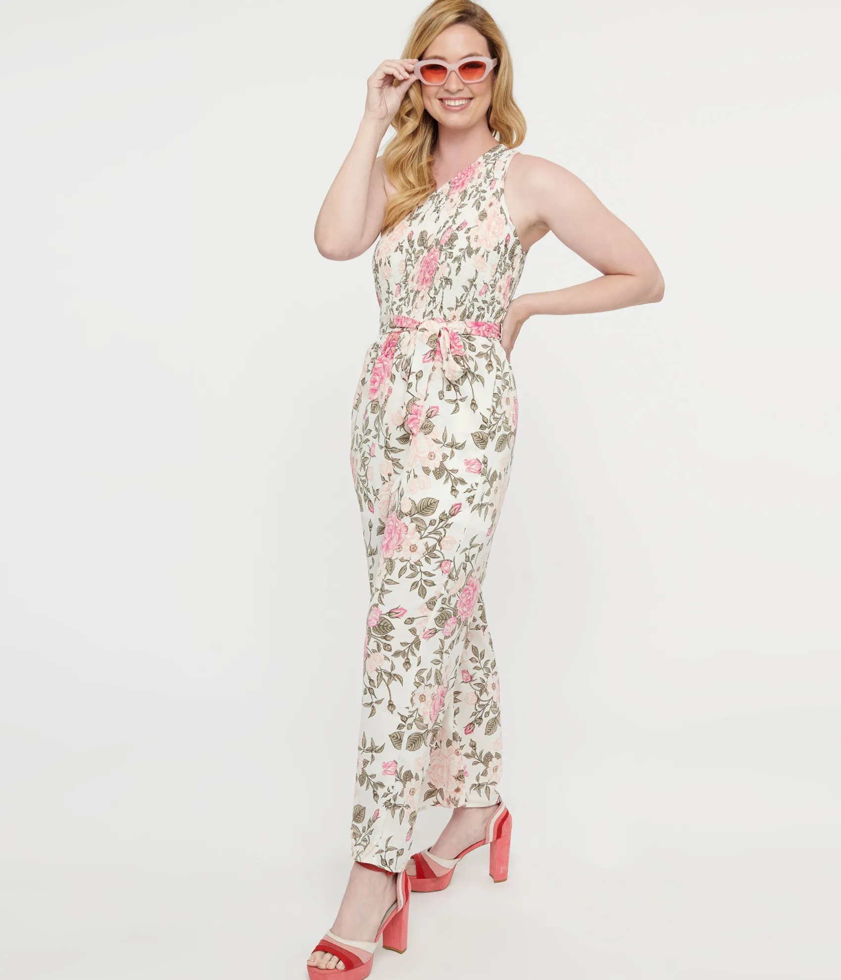 Unique Vintage White & Pink Floral Asymmetrical Chiffon Jumpsuit Cheap