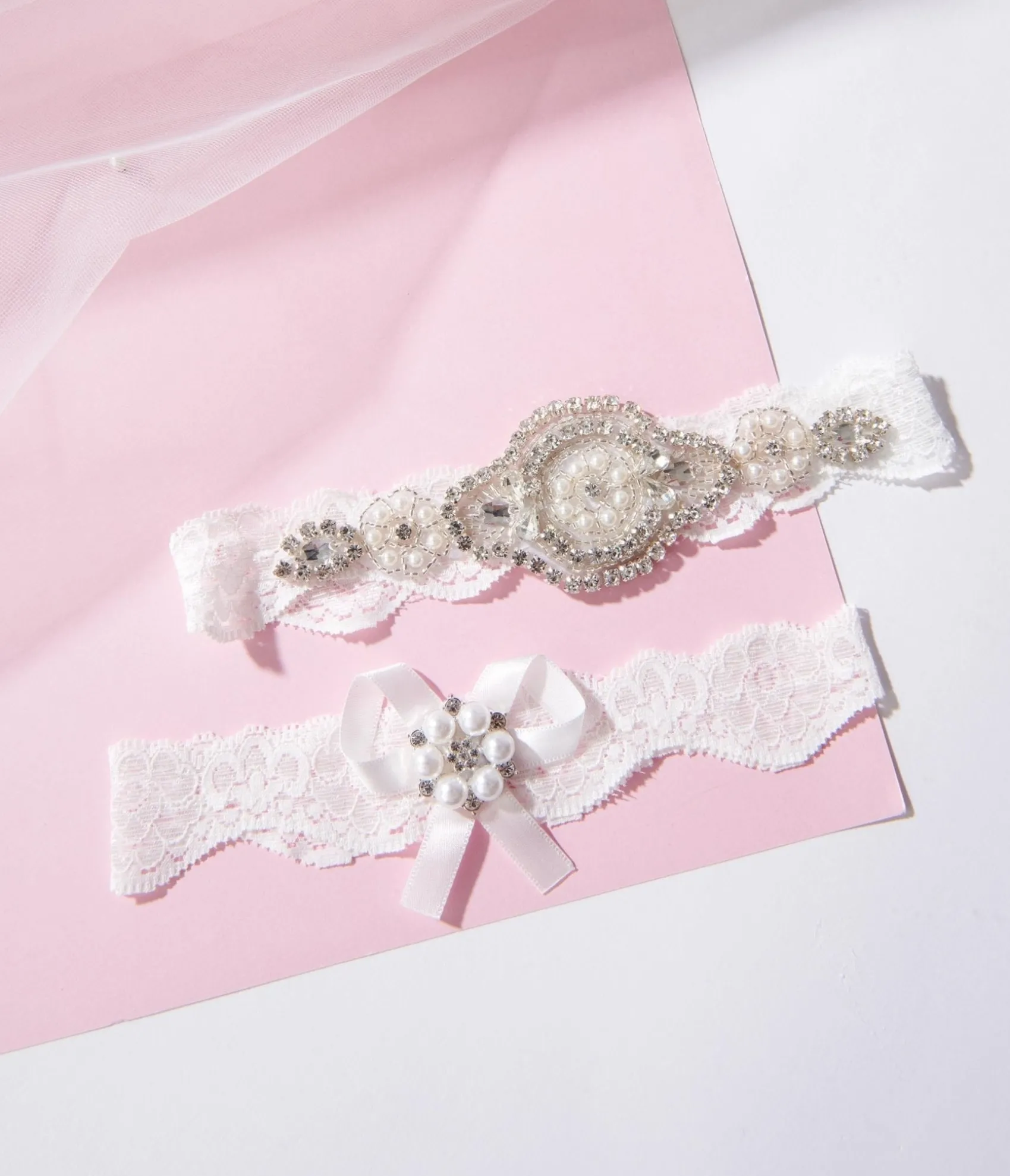 Unique Vintage White Lace & Rhinestone Bridal Garter Set Sale