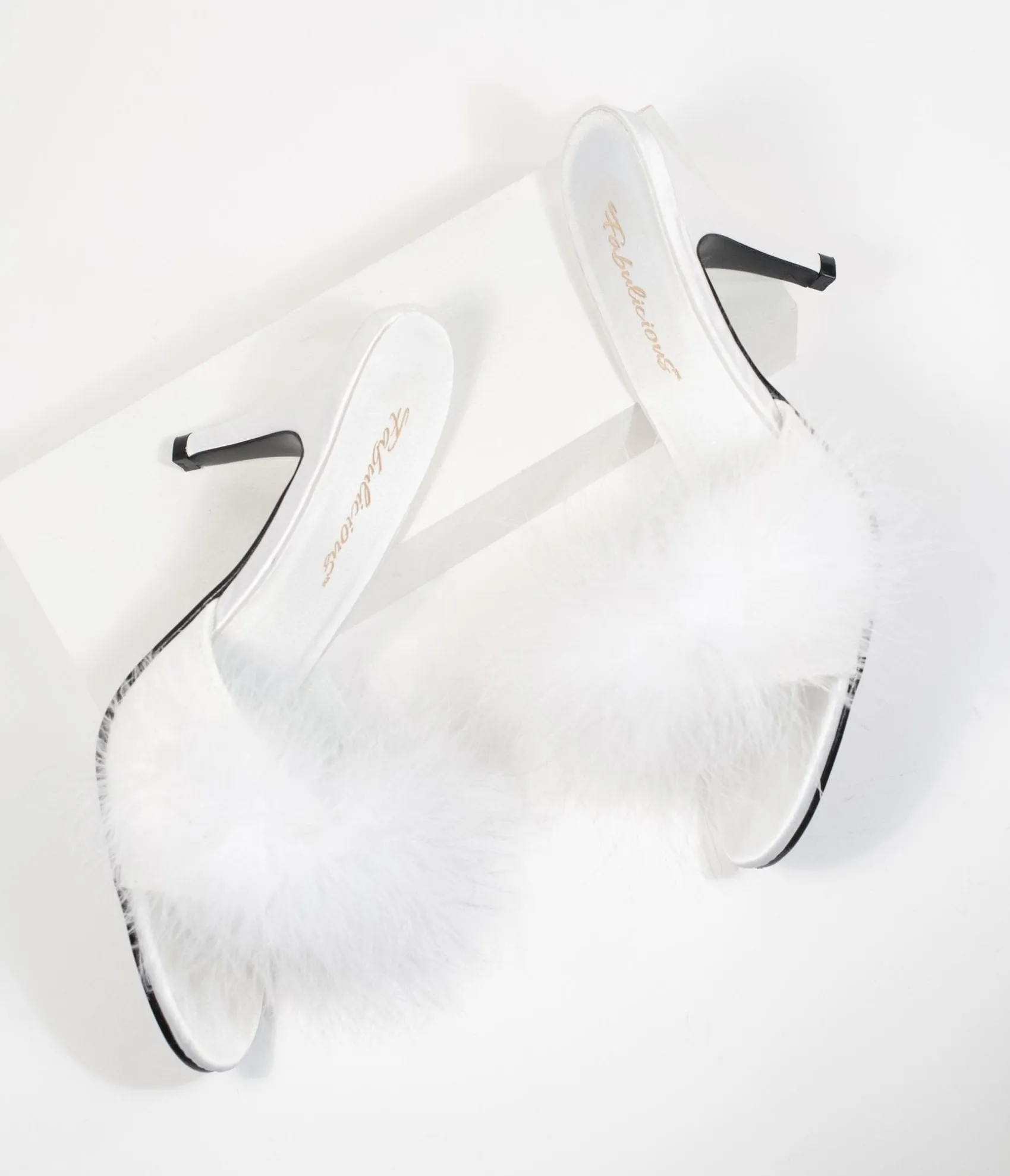 Unique Vintage White Marabou Feather Peep Toe Slipper Heel Clearance