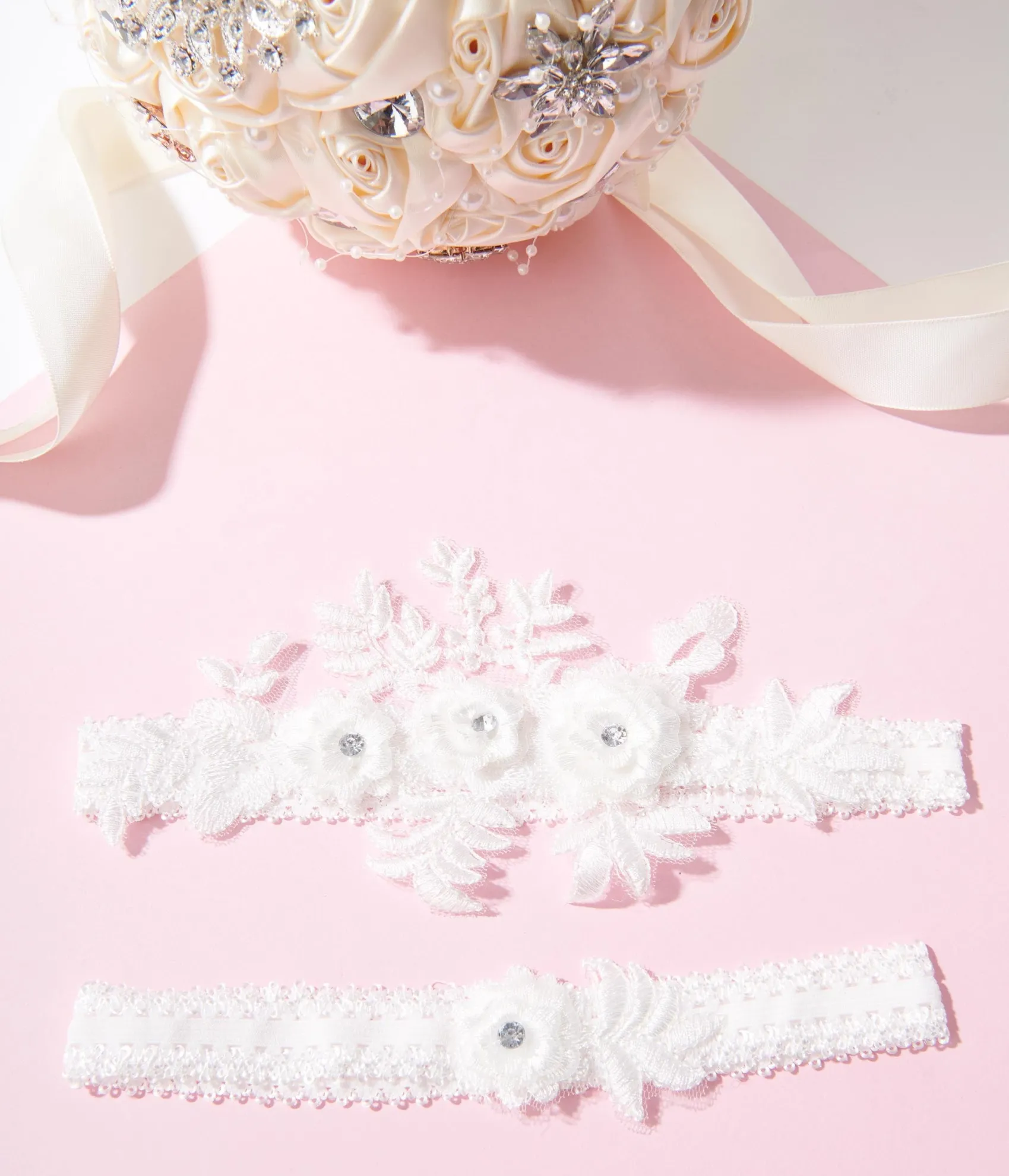 Unique Vintage White Rhinestone Floral Garter Set Hot