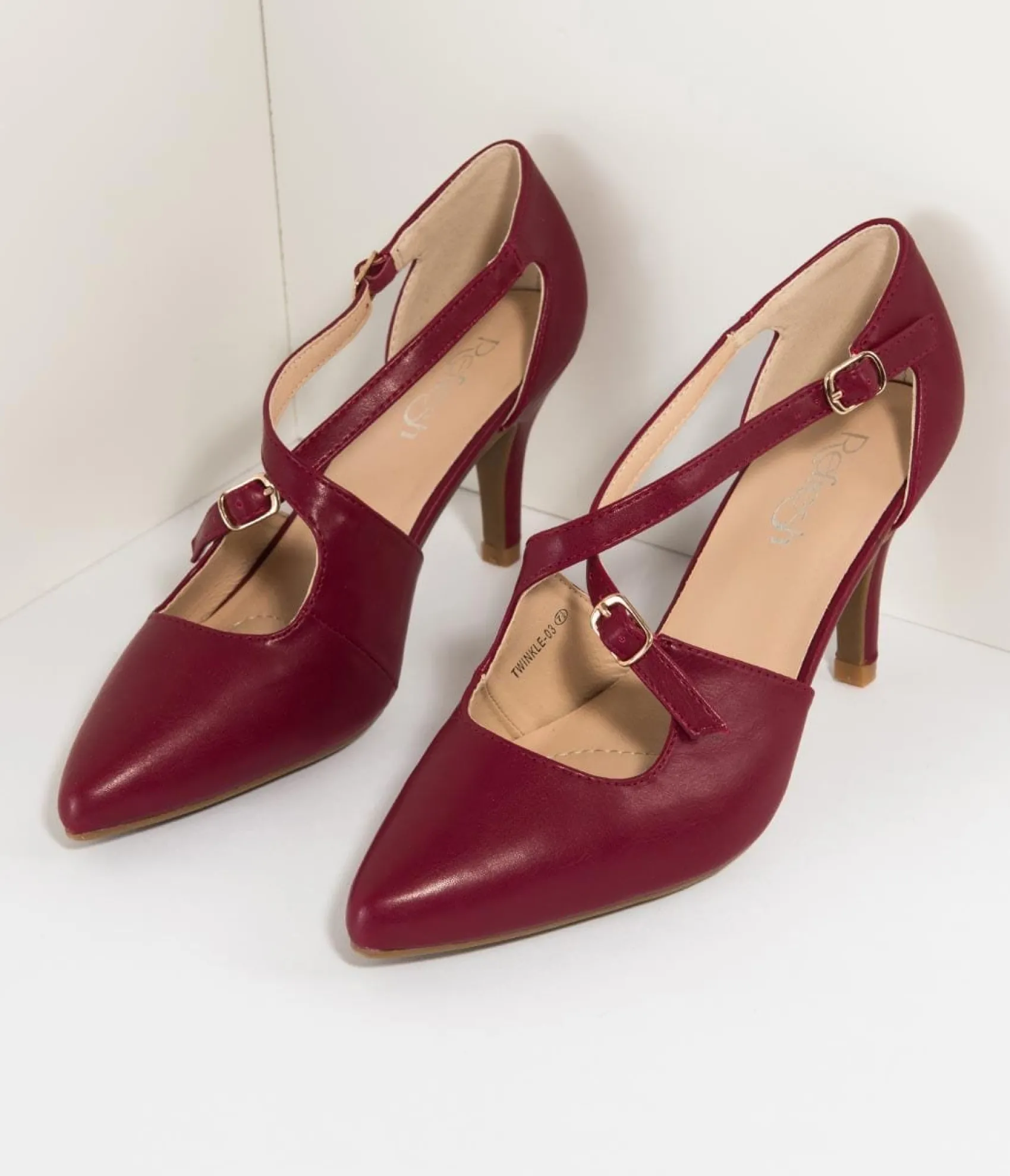 Unique Vintage Wine Red Leatherette Cross Strap Pointed Toe Pumps Clearance