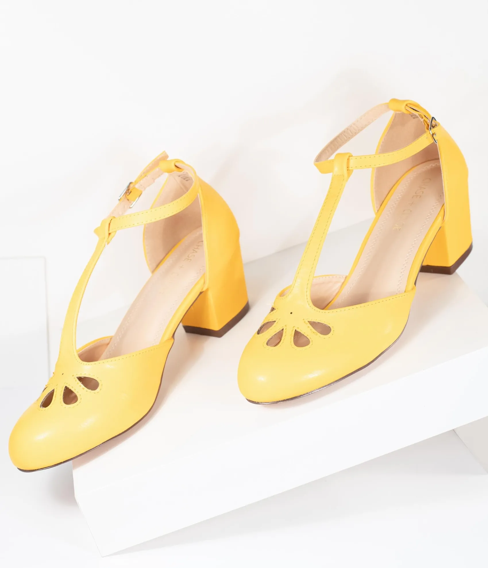 Unique Vintage Yellow Leatherette Minny T-Strap Heels Fashion