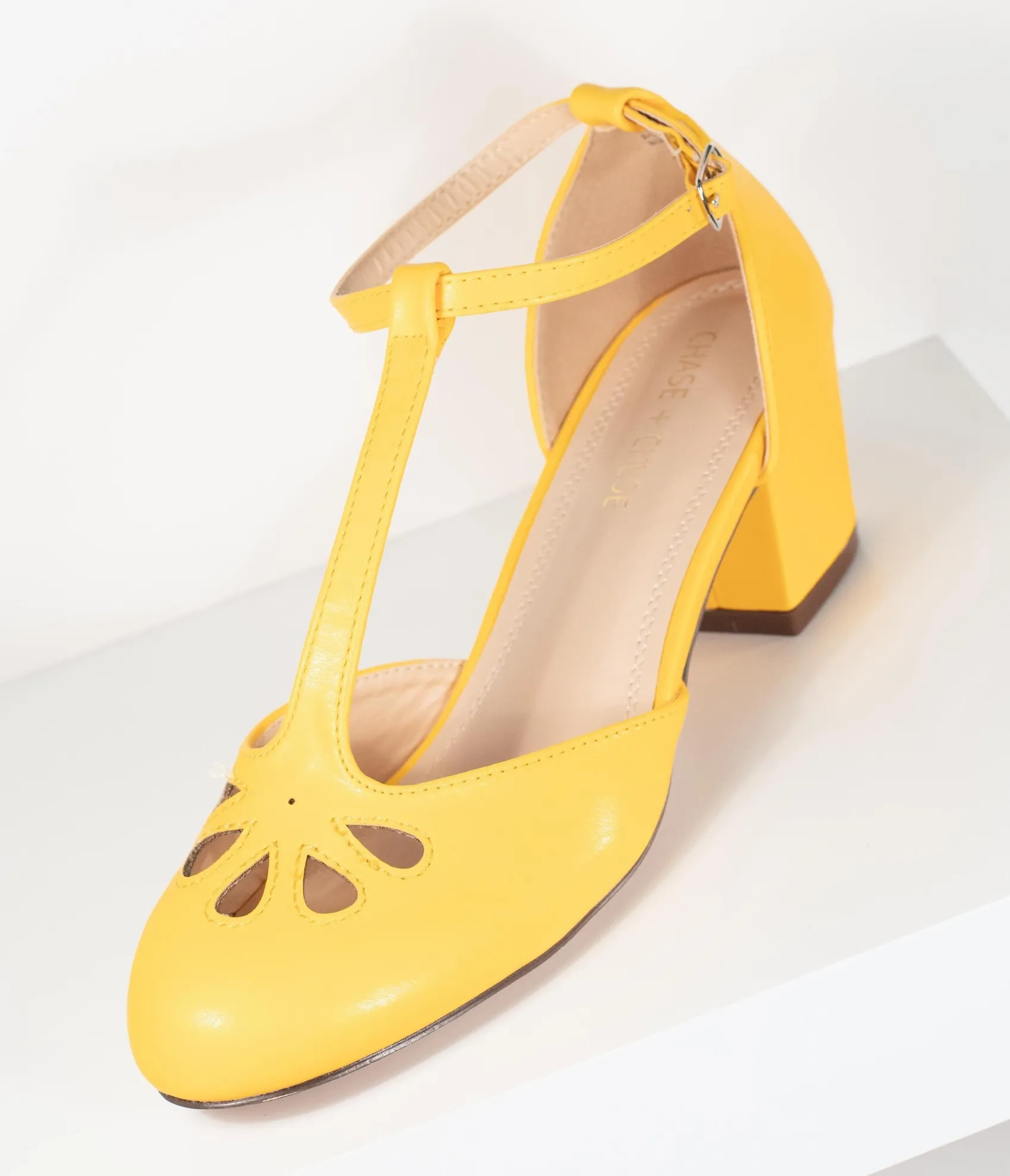 Unique Vintage Yellow Leatherette Minny T-Strap Heels Fashion