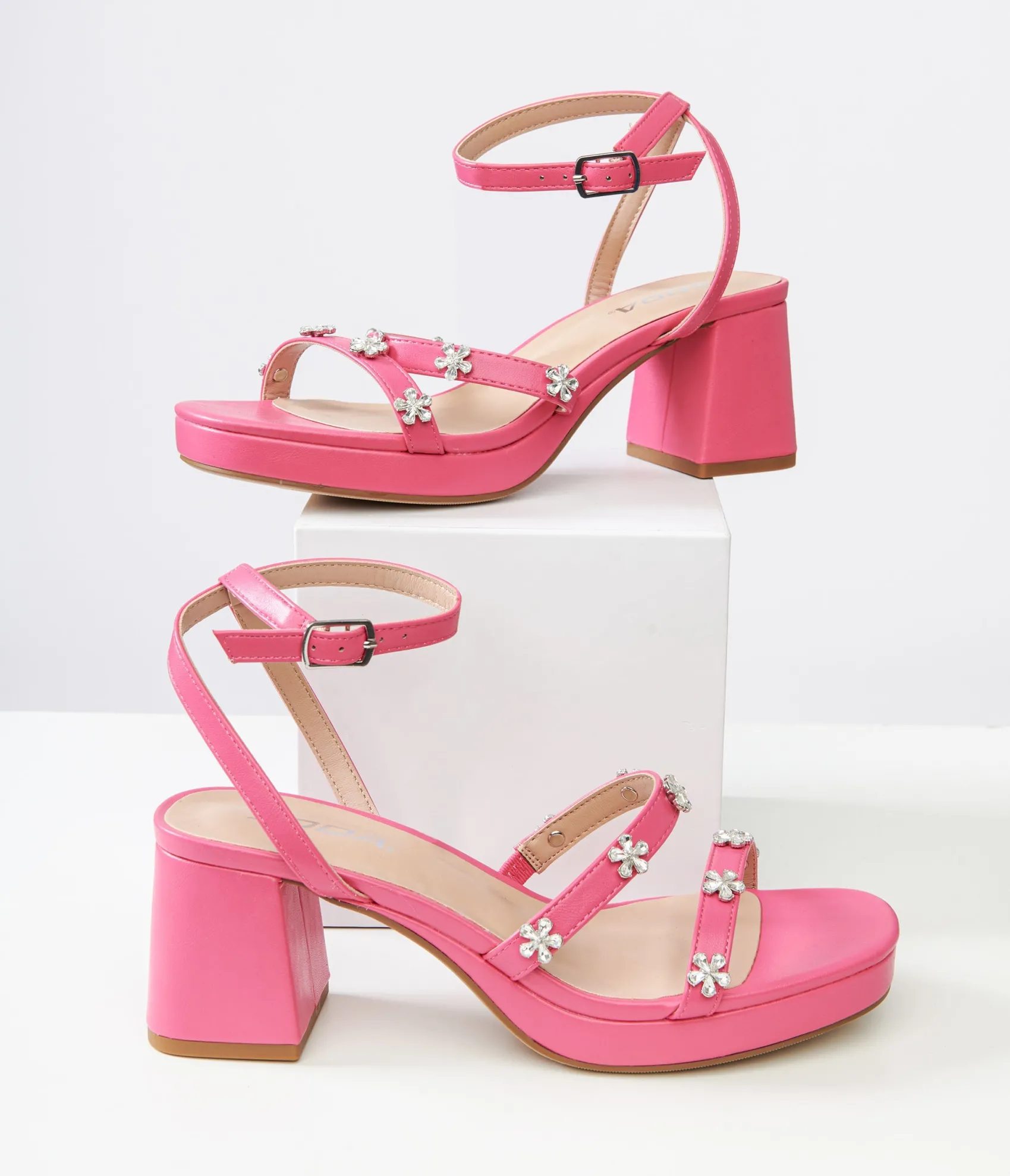 Unique Vintage Y2K Pink Leatherette & Rhinestone Floral Platform Heels Sale