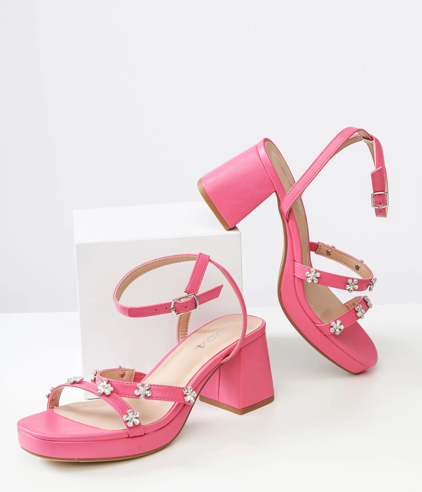 Unique Vintage Y2K Pink Leatherette & Rhinestone Floral Platform Heels Sale