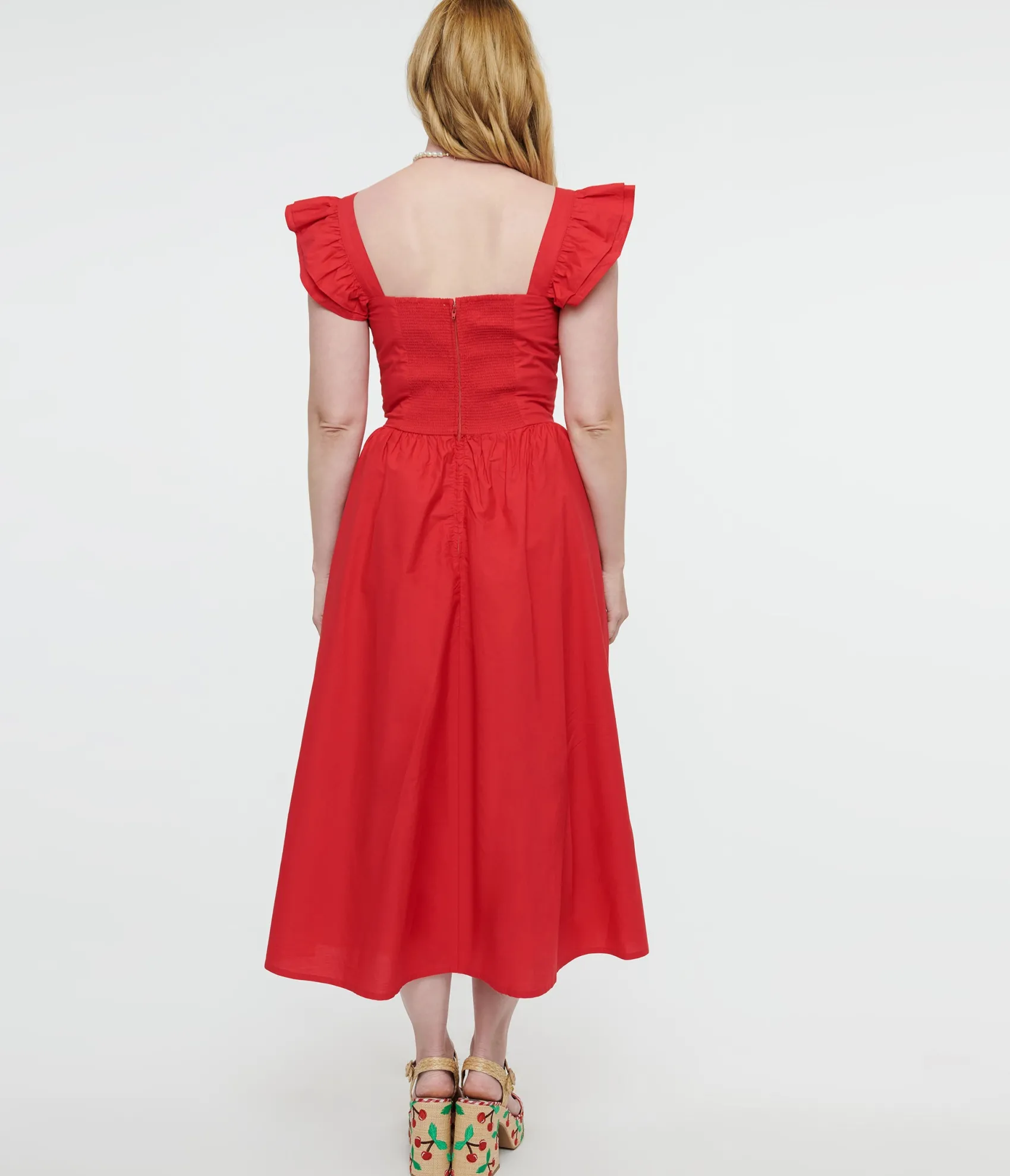 Unique Vintage Y2K Red Flutter Sleeve Poplin Midi Dress Flash Sale